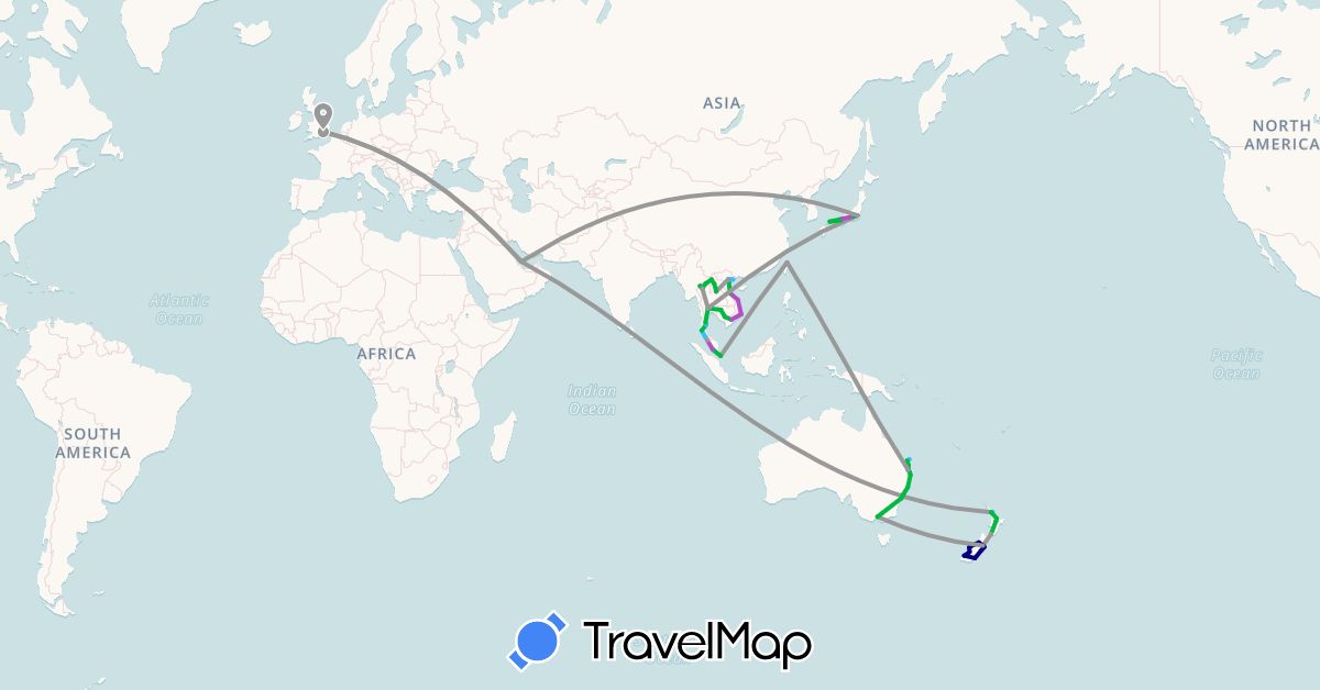TravelMap itinerary: driving, bus, plane, train, boat in Australia, United Kingdom, Japan, Cambodia, Laos, Malaysia, New Zealand, Qatar, Singapore, Thailand, Taiwan, Vietnam (Asia, Europe, Oceania)